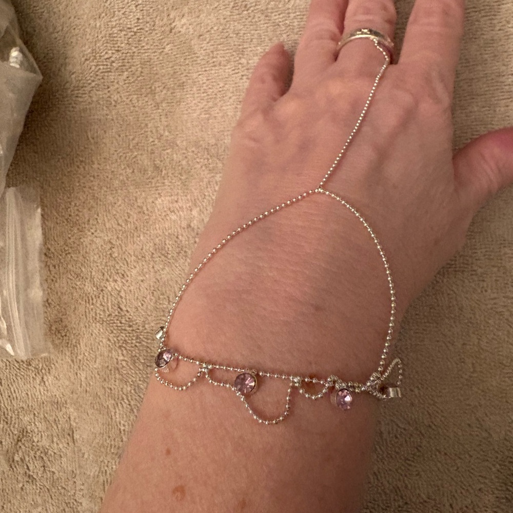 Layered Silver Slave bracelet with Pink Crystal Accents finger harness ring Boho